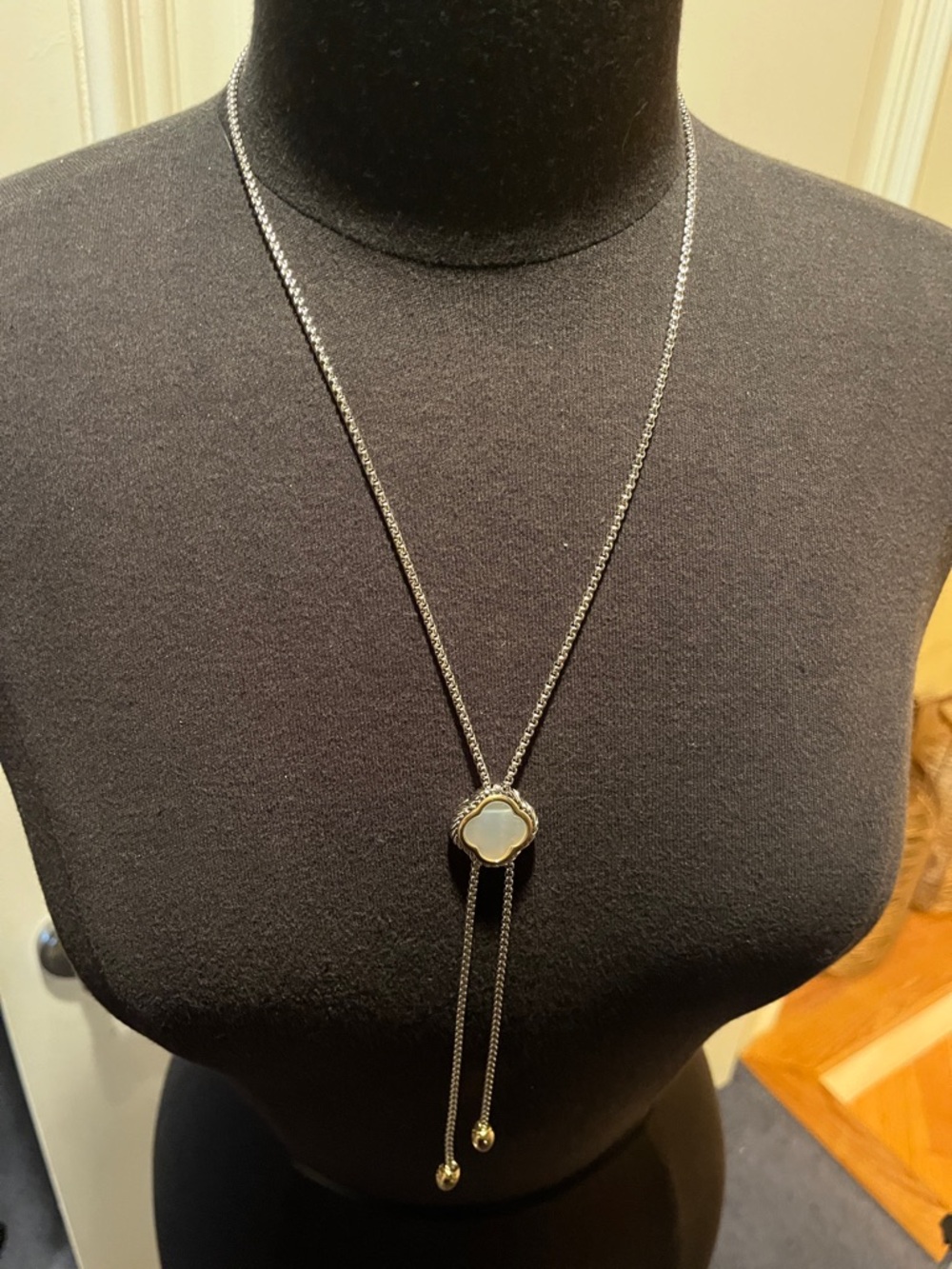 Delicate Silver Lariat Necklace with White Mother-of-Pearl Accent
